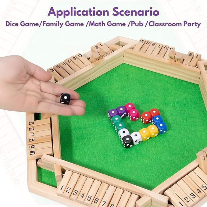 Shut The Box Dice Game - Classic Wooden Tabletop Game for 2-6 Players - Natural Wood Finish Family Board Game for Adults &amp Kids - Perfect for Parties Bars Classroom Math Learning