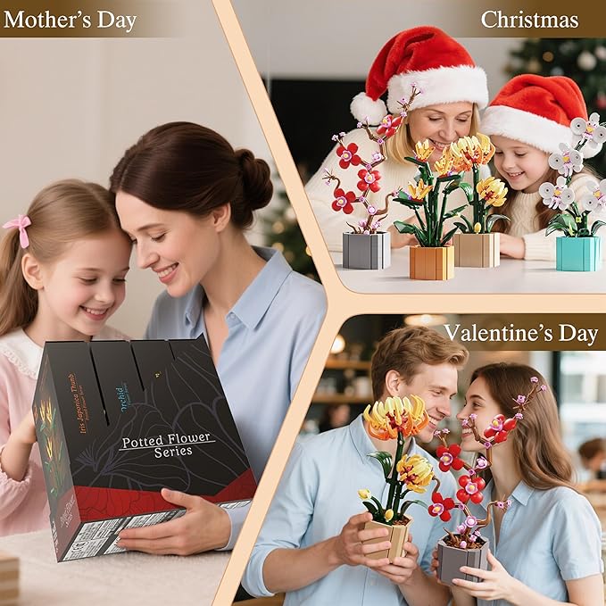 Flower Bouquet Building Blocks 4 Set Artificial Flowers Toys Botanical Collection DIY Unique Home&ampOffice Bonsai Decoration Adults Teen Girls for Birthday