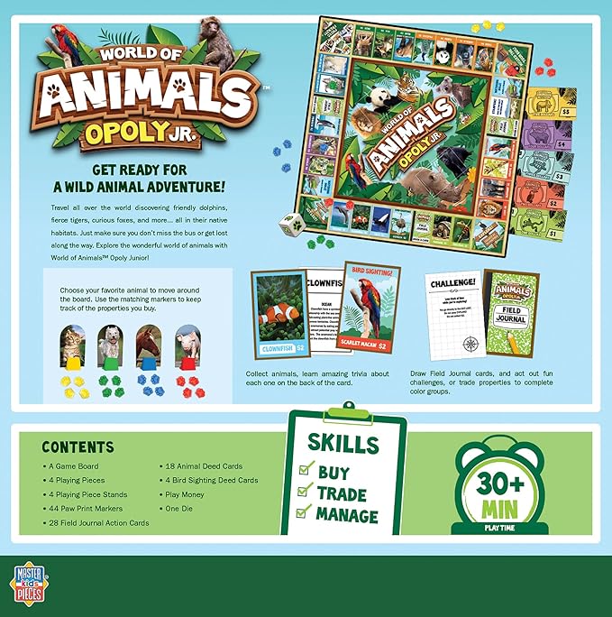 MasterPieces Kids &amp Family Board Games - World of Animals Opoly Jr. - Officially Licensed Board Games for Kids &amp Family