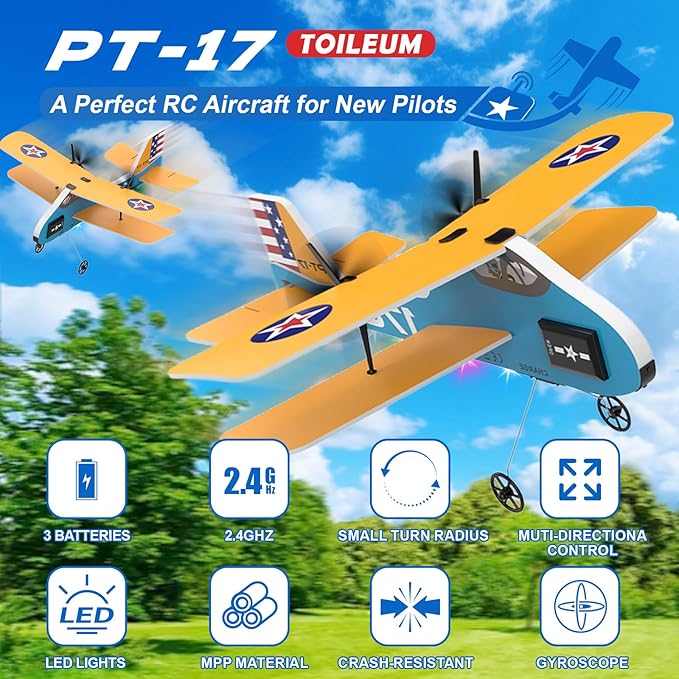 RC Plane 2.4Ghz Remote Control Airplane with 3 Batteries &amp 6-axis Gyro Stabilizer 2 Channel RTF PT-17 RC Toy Easy to Fly for Beginners Kids Boys Girls Adults (Yellow)