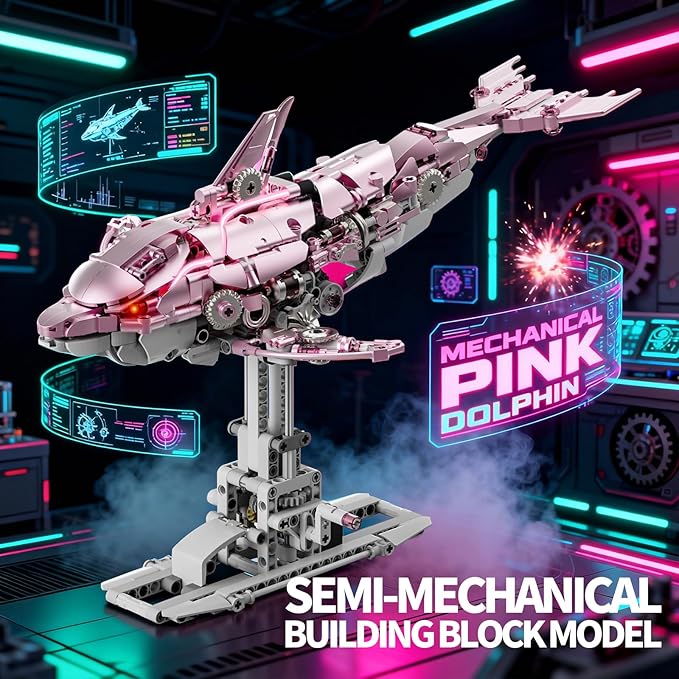 Mechanical Pink Dolphin Building Blocks Set with Hand-Crank &amp Motorized Movement Interactive Detailed Gear Design Display &amp Play Model Futuristic Ocean Animal Model
