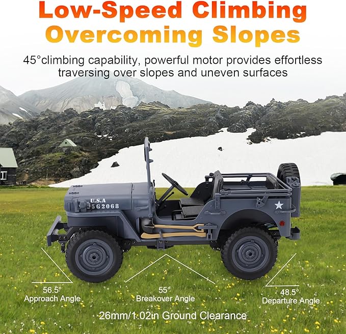 RC Crawlers 1:10 Scale D888 Willys Military Jeep 2.4Ghz 4WD Off Road Rock Crawler with Lights Removable Accessories All Terrain RC Jeep Toy for Adult Teens-Upgradable (2 Batteries)