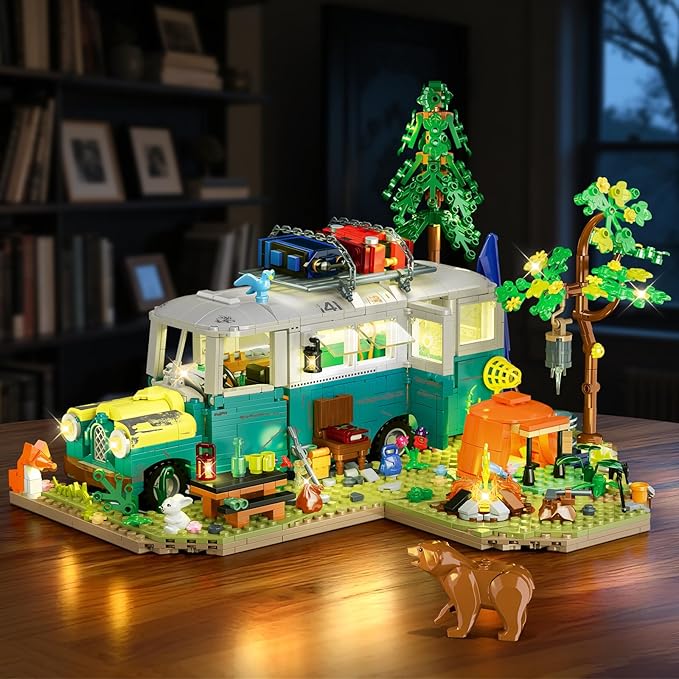 Wilderness Bus Building Set with Light 1392PCS Camping Building Toy Kit with Removable Bus Animals and Rich Accessories Creative Home Decor &amp Display Xmas Birthday Gifts for Adults Teens