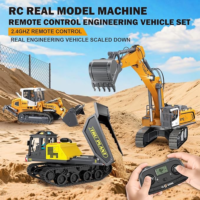 Adult Metal Mini Remote Control Excavator and Dump Truck 1:50 Scale Features a Lever-Driven Digging System and Comes with Two Batteries Making it an Ideal for Model Enthusiasts and Children