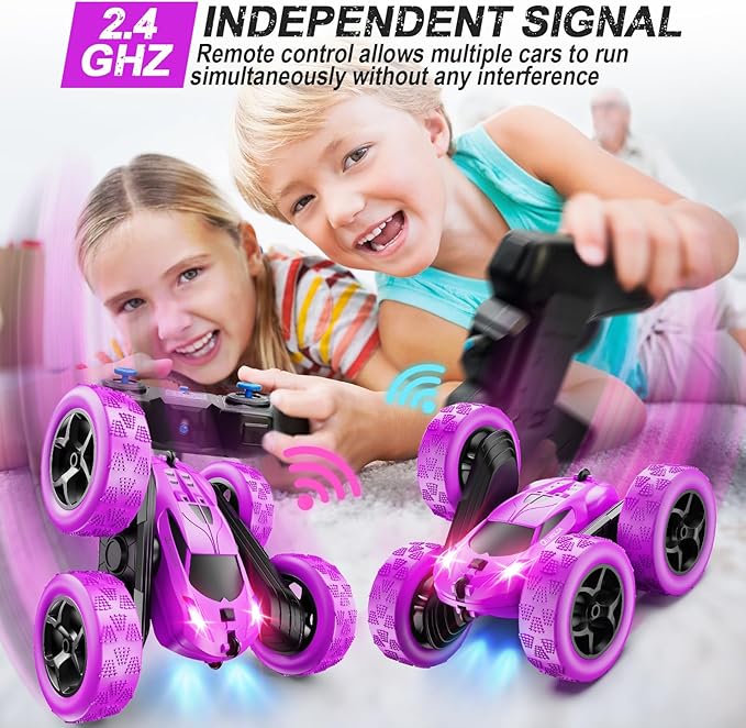 RC Cars Purple Remote Control Car for Girls 2.4 GHZ Double Sided RC Stunt Car 360° Rotating Remote Control Crawler with Headlights Car Toys for 6 7 8 9 10 11 12 Girls Birthday Gift