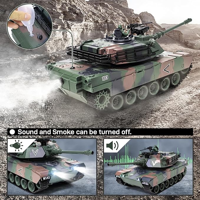 1:18 RC Tank 2.4Ghz M1A2 Remote Control Tank Model Toys 15 Channel Battle Army Toy with Smoke Light Sound Volume Switch Military Toy for Adult and Kid that Shoots BBS