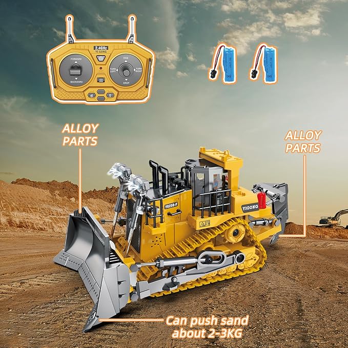 Rc Bulldozer Toys for BoysConstruction Remote Control Bulldozer with Metal bulldozing Shovel Lights/Sounds for Kids Boys