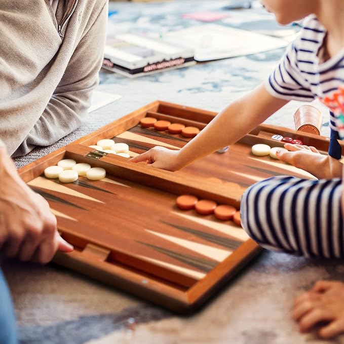 Yellow Mountain Imports Wooden Inlaid Backgammon Game Set Pasadena - Classic Strategy Board Game Set with Acrylic Playing Pieces &amp Wooden Dice Cups 15-inch Board