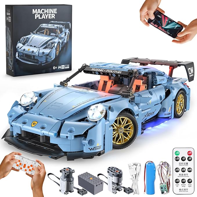 PIKARO Sports Car Building Set for Boys &amp Adults RC Remote Control APP Race Car Model Kits with LED Lights Collectible Supercar Toys Birthday Gifts for Kids Teens Age 8-14 12-16