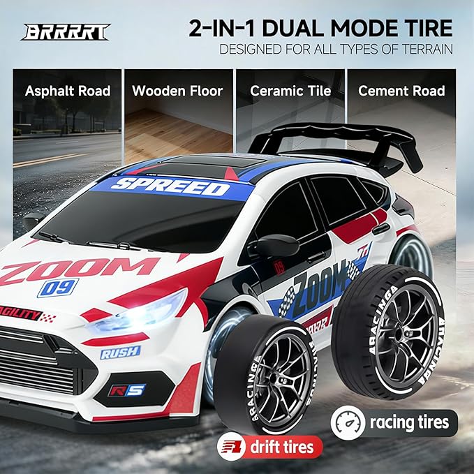 BRRRRT 1:24 Remote Control Rally CarDrift Car with LED Lights4WD High Speed Remote Control Cars for Boys and Girls Age 6+