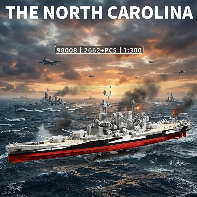 USS North Carolina Battleship Building Blocks Set 2662 Pieces 1:300 Scale WW2 Naval Warship Model Military Battleship Construction Toy with Movable Guns Model for Adults &amp Teens 14+