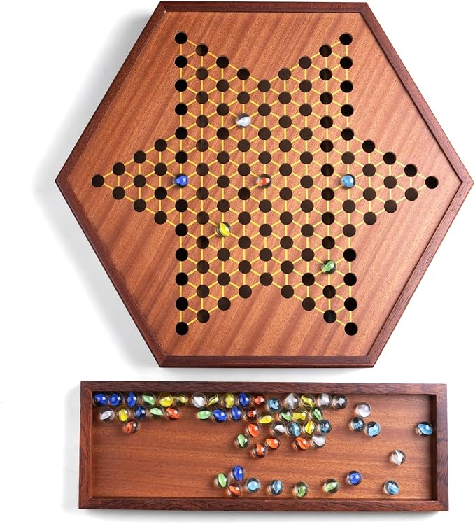 VAMSLOVE Large 17 Chinese Checkers Board Game for 2-6 Player Wooden Game Board 16mm 60+12 Colorful Glass Marbles Easy Grasping for Adults and Kids w/Storage Drawer Fun for Family Gathering