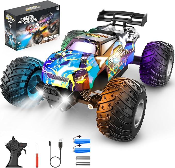 Remote Control Car 2WD Off-Road Rc Truck 20 KM/H All-Terrain RC Cars with Headlights &amp Body Lights 2.4GHz 2 Batteries Remote Control Car for Boys 4-7 8-12 Gift Toys for Boys Girls