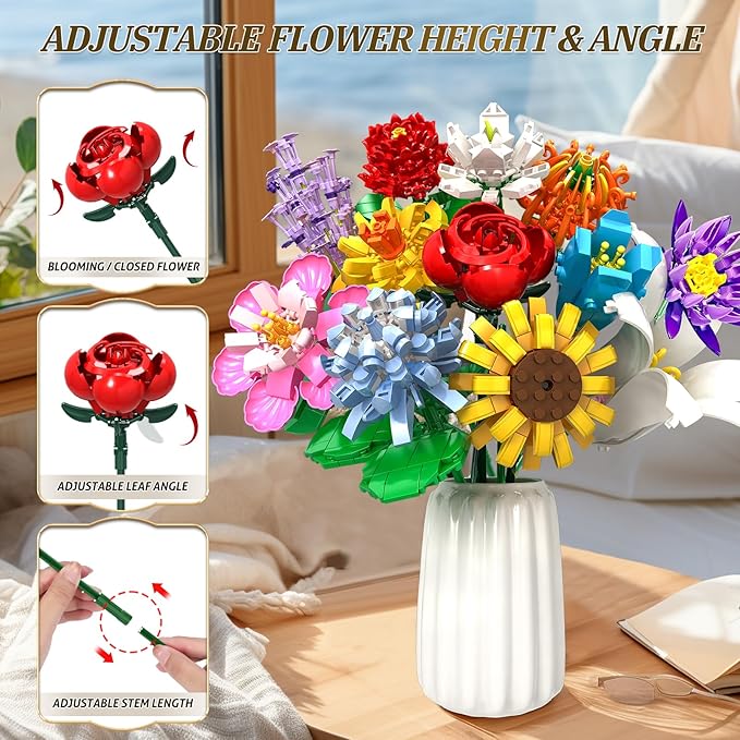 Flowers Bouquet Building Set - 12 Kinds of Flowers Botanical Collection and Decorative Home for Mother's Day Birthdays Gifts Ideal for 6+ Women Girls Adults No Vase