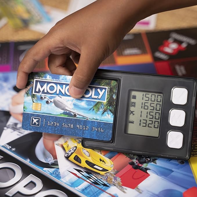 Hasbro Gaming Monopoly Super Electronic Banking Board Game Electronic Banking Unit Choose Your Rewards Cashless Gameplay Tap Technology for Ages 8 and Up