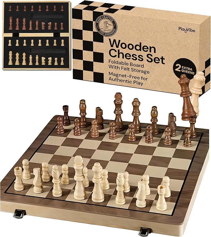 PlayVibe Wooden Chess Set 15'' Board Games for Families with 2 Extra Queens - Handmade Wooden Chess &amp Checkers Portable Folding Travel Board Outdoor Park &amp Garden Play Spring Gift for Adult