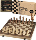 PlayVibe Wooden Chess Set 15'' Board Games for Families with 2 Extra Queens - Handmade Wooden Chess &amp Checkers Portable Folding Travel Board Outdoor Park &amp Garden Play Spring Gift for Adult