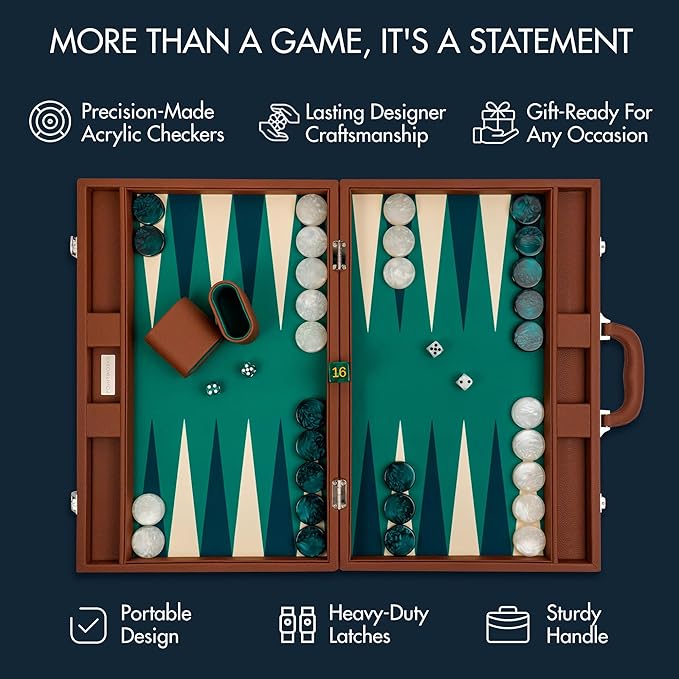 19 Inch Premium Backgammon Sets for Adults Leather Brown - Green. Premium 1.6 Inch Checkers &amp Dice Set Travel Backgammon Set Large Backgammon Board Game Backgammon Game Set