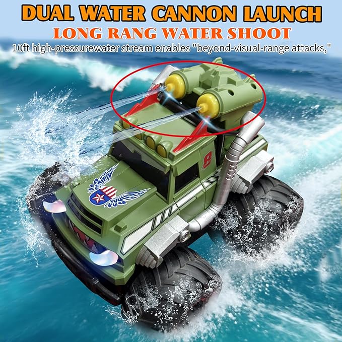 Dual Remote Control RC Car with Magic Gesture Wristband &amp 40+ Min Play 1:18 Fully Submersible Waterproof All Terrain 4WD Monster Truck Amphibious Toy Crawler Gift for Boys Girls Ages 6-12-Green