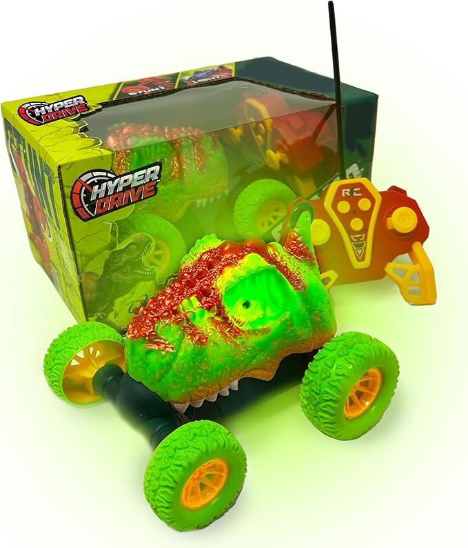 Hyper Drive RC Dinosaur Stunt Car - 360 Rolling Twister Light-Up Action Durable Remote-Control Toy for Boys and Girls Full-Function with Hand Controller Green