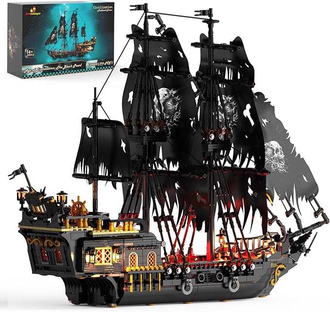 JMBricklayer Pirate Ship Building Toys with Lights Pearl Pirate Ship Model Boat Kit 40002 Black Ship Toy Building Sets for Adult Teens 14+ Home Office Decor Valentines Gifts(1713 PCS) New Upgrade