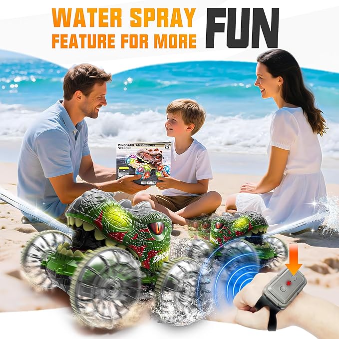 BEZGAR Monster Truck Toys - Dinosaur Toys with LightHand Gesture Sensing RC Cars for Water &amp Land with Water Gun Monster Truck with 360° Spins and Drifting Remote Control Car for Boys 4-7