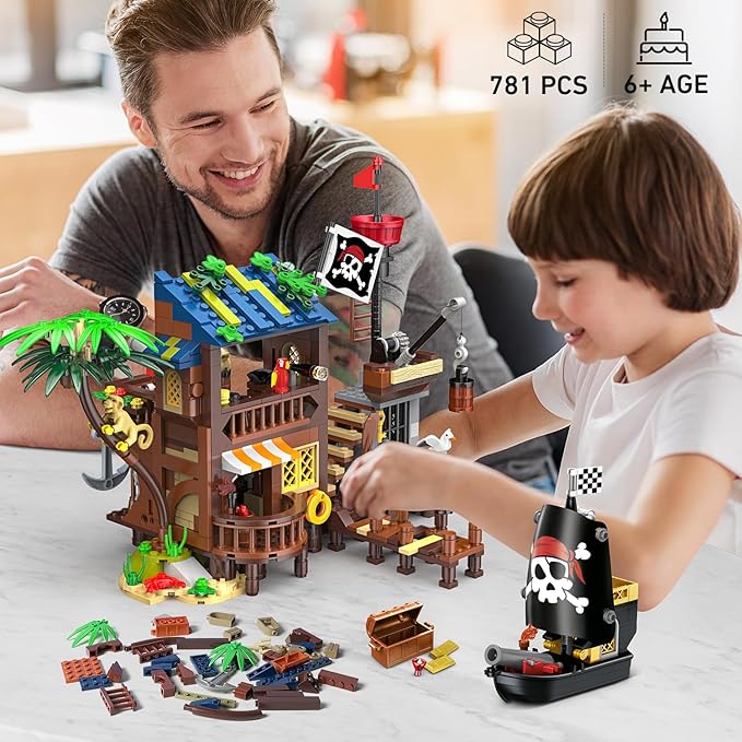 HOGOKIDS Pirate Ship House Building Set with LED Light - 3 Style Modes Pirate Wharf Supply Center Building Block Set 781PCS STEM Bricks Kit for Kids Girls Boys Ages 6-12+ Valentines Gifts