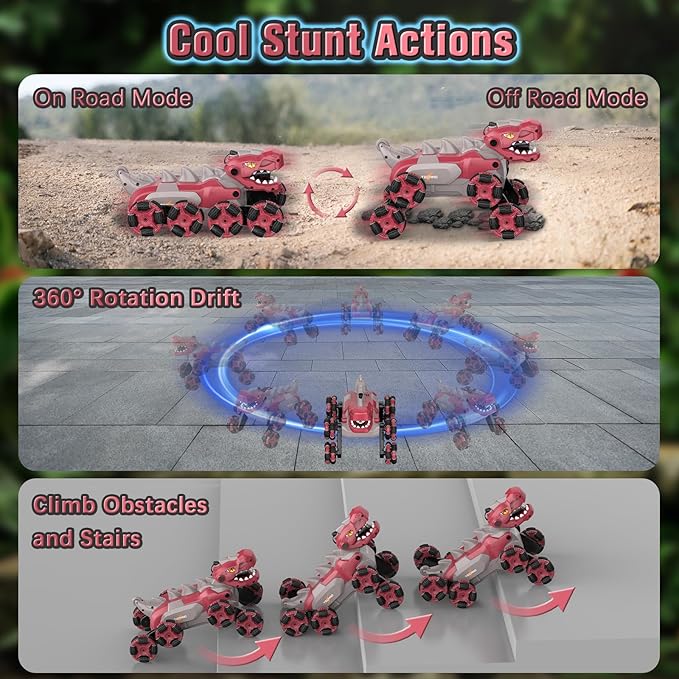 8 Wheels Dinosaur Transform RC Stunt Car - 2.4Ghz Remote Control Dinosaurs Monster Truck with Transforming &amp Spray &amp 360° Rotation Dinosaur Toys for Kids 5-7 8-12 Boy Christmas Birthday Gift