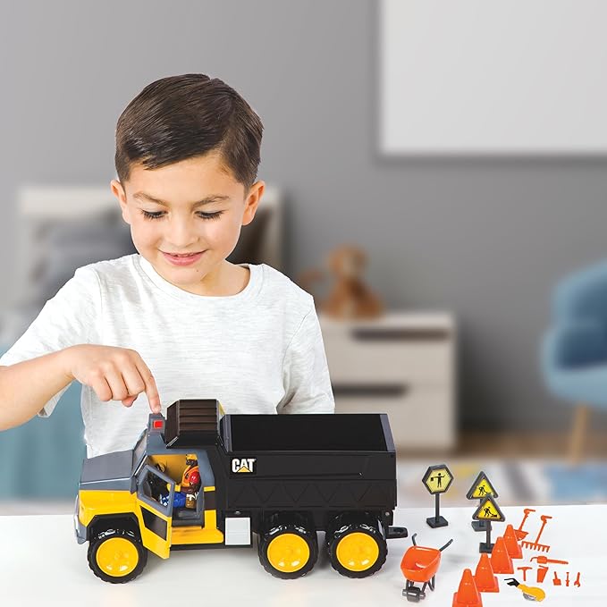 Cat Construction Workforce Hauler Action Set 18-Piece Kids Construction Toy Playset with Freewheeling Hauler Truck Lights &amp Action-Activated Sounds 4-Inch Figure Tools &amp Accessories Ages