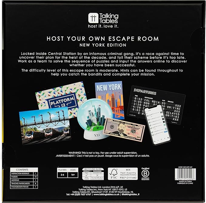 Talking Tables Host Your Own Escape Room Game New York Edition | Interactive Family Games Night | Solve Puzzles and Find Clues to Escape in time | 2-6 Players | Ages 16+ | Moderate Difficulty Level