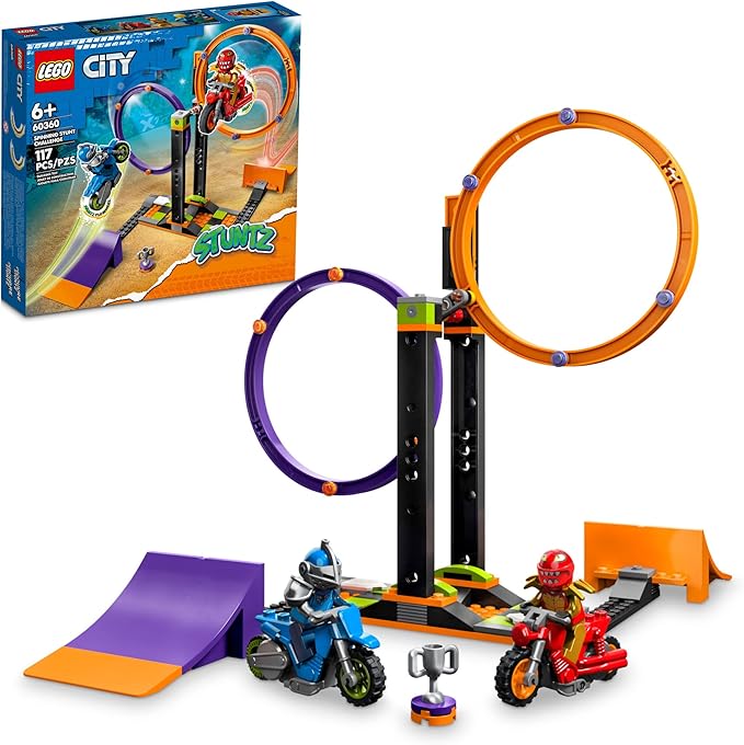 LEGO City Stuntz Spinning Stunt Challenge 60360-1 or 2 Player Tournaments with Flywheel-Powered Motorcycle Toys Features 2 Minifigures and Ramps Fun Gift Set Idea for Boys Girls or Kids Ages 6+