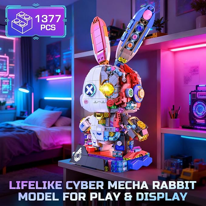 PIKARO Mechanical Bunny Rabbit Building Set for Boys Girls - Collection Animal Punk Style Toy Model Kit with LED Light Easter Halloween Birthdays Gift for Teens Kids Age 8 12 14（1377PCS）