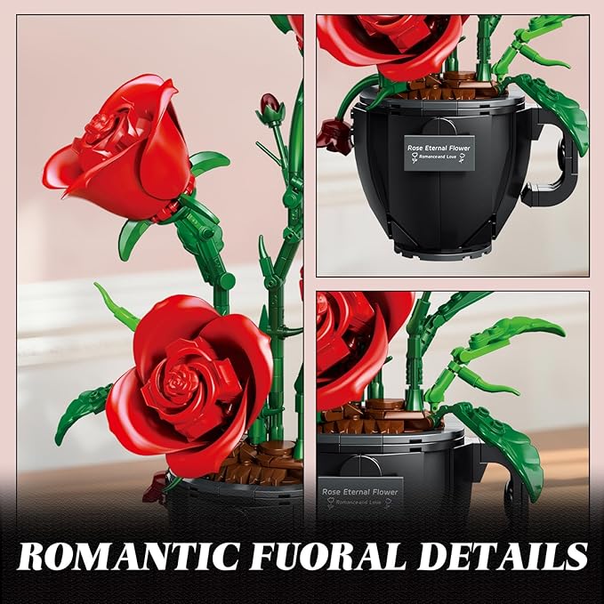 Red Roses Flowers Building Block Set with Coffee Cup Vase for Adults Compatible with Lego Flower 450PCS Rose Botanical Collection Kit for Valentine's Day Home Decor Gift for Girlfriend/Wife/Mom