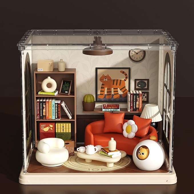 Cat Living Room DIY Miniature House Building Toy Dollhouse Set with LED Creator Playset Suitable for Mini Figures Construction Toys Diorama Kit Gifts for Adults