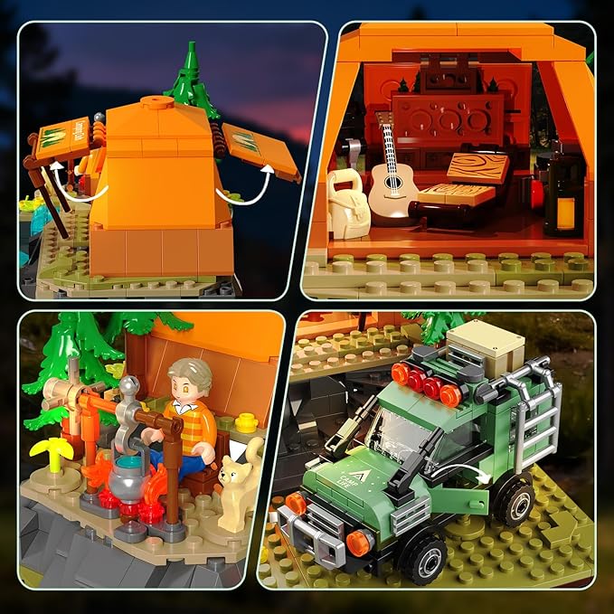 Mountain Camping Building Set with Light Outdoor Adventure Scene Toy with Camp Tent Camper Van Campfirre Creative Home Decor &amp Display Xmas Birthday Gift for Adults Teens Camping Lovers 677