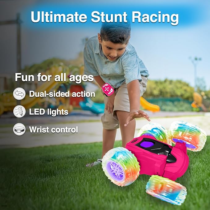 Contixo SC3A Toy Remote Control Car for Kids with Double-Sided 360° Rotating Stunt 4WD Off-Road RC Cars with LED Lights Birthday for Boys and Girls Ages 4 5 6 7 - Pink