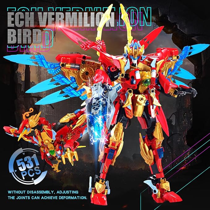 Fire Phoenix Mech Sets 2in1 Building BlocksTransforming Robot Building Kits with Vermilion Bird ModelChristmas Birthday Gift for Adults Kids Boys Ages 8-14（531 Pieces） (Vermilion Bird)