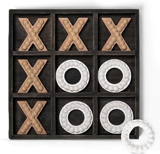 GENMOUS Wooden Tic Tac Toe Game Board for Seniors Family Indoor Game 10.6 Inch Black Rustic Giant Tic Tac Toe Coffee Table Decor Tic Tac Toe Board Game Fun for Family Travel Outdoor Game Room Decor