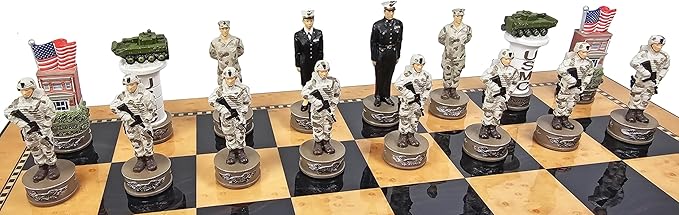 US Military Chess Set Army Navy Air Force or Marines. Choose 2 Branches of Men with 17 inch Walnut Color Storage Board (Navy vs Marines)
