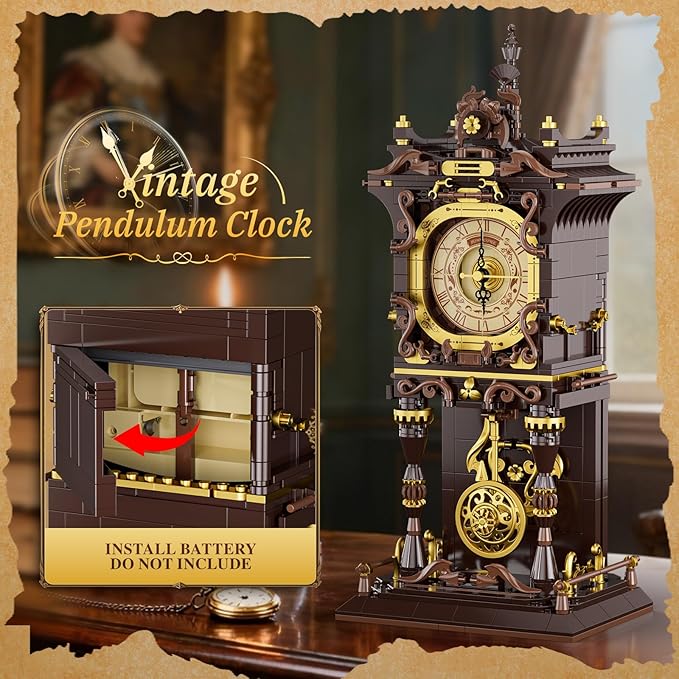 JAKI Vintage Swing Clock Building Blocks Set Real Working Mechanical Clock with Moving Pendulum &amp Rotating Dial Retro Steampunk Home Decor Gift for Adults &amp Teens Gifts for Birthdays and Chr