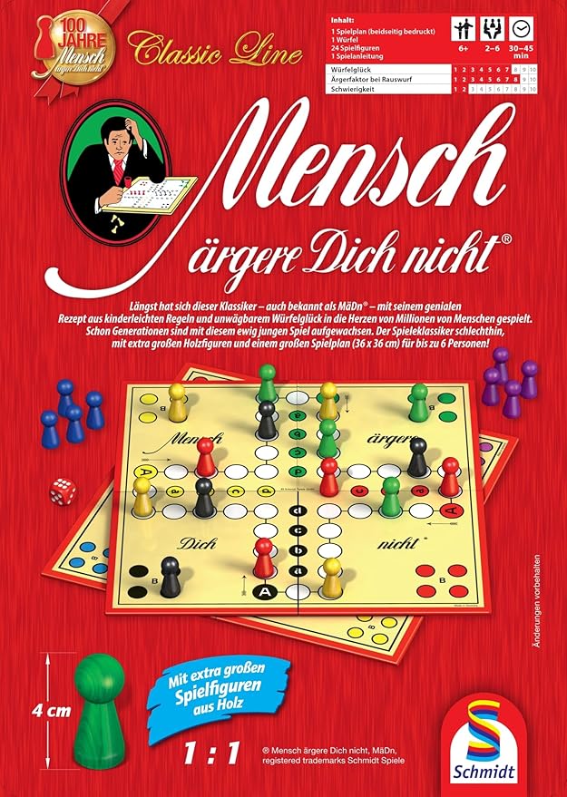 Schmidt Spiele 49439 Mensch ärgere Dich Nicht in der Metalldose Classic Line with Extra Large Wooden Toy Figures