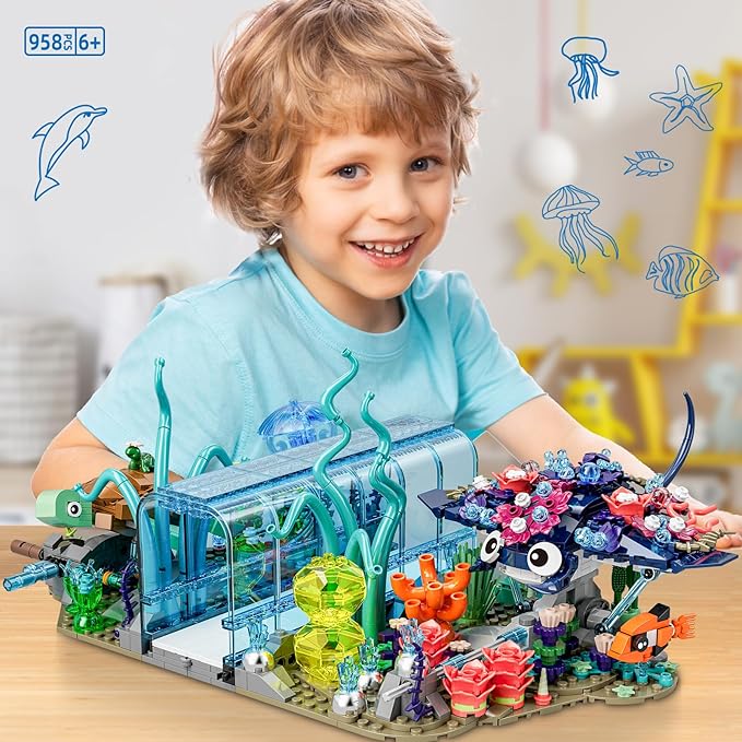 Aquarium Building Blocks Set Compatible with Lego Fish Tank Creative Foldable 2 Styles Ocean Fish Animals Building Blocks Toys Gift for Adults Boys Girls 8-12+ Including Marine Turtle Jellyfish