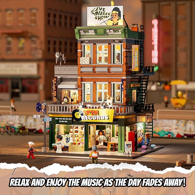 Record Store Lighting Building Bricks Set - Street Fusion City Town Audio Shop Multi-Form Modular Collection Kit 1980 Pcs for Adults &amp Teen &amp Music Lovers