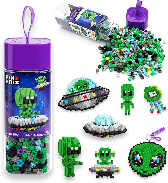 Pix Brix Space Bottle – UFO Set | 965-Piece 2D &amp 3D Alien Building Kit for Kids 8+ | Reusable Storage Bottle Keychain Clip Pixel Art Blocks | Creative STEM Toy Compatible with Major Brick Brand