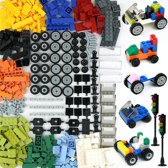 BroTex Wheels and Axles Sets with Steering Wheels&amp &ampWindshield&ampTraffic Light Over 400pcs Classic Bricks Pieces and Car Parts Kits Basic Bulk Building Blocks Vehicles with Tires