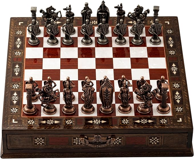 Luxury Wooden Chess Set with Metal British Army Pieces – Handmade Walnut Chess Board with Storage – Decorative Gift for Adults &amp Father Gift (Rose)