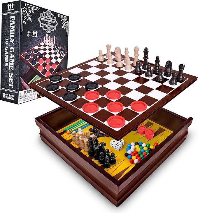Elbow Room Games Family Game Set 10 Classic Games with Wooden Storage Box and Built-in Game Boards Endless Fun for Game Nights Gatherings &amp Travel 2+ Players