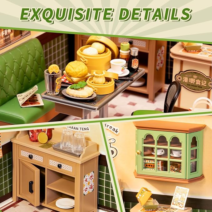 Rolife Super Creator DIY Miniature Plastic House Building Set Playset with LED Suitable for Mini Figures Construction Toys Diorama Kit Gifts for Teens Adults (Hong Kong Bites Cafe)