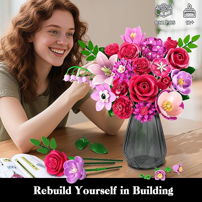 Flowers Bouquet Building Set with LED - 21 Rose Red Botanical Collection Kit for Adults Women Easter Gift for Her/Wife/Girlfriend/Mom 832 PCS Artificial Flower Plant for Home Decor
