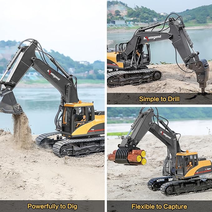kolegend 3 in 1 Remote Control Excavator Toy 1/14 Scale RC Excavator 15 Channel Upgrade Full Functional Construction Vehicles with Tools Metal Breaker and Electric Gripper(Yellow/Black)